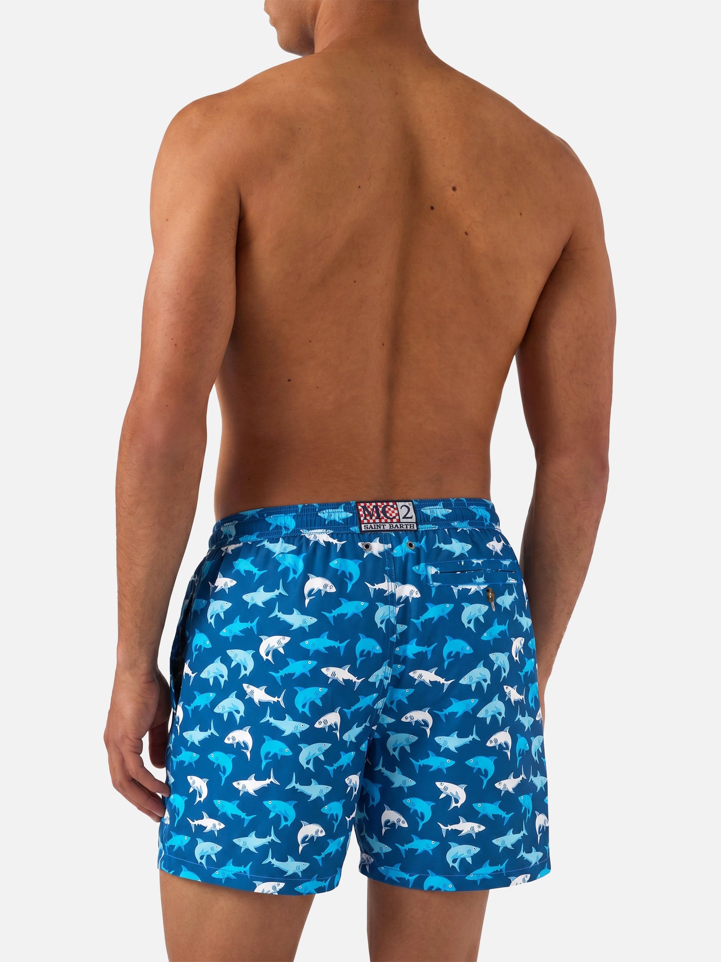 Man light fabric swim shorts with multicolor sharks print