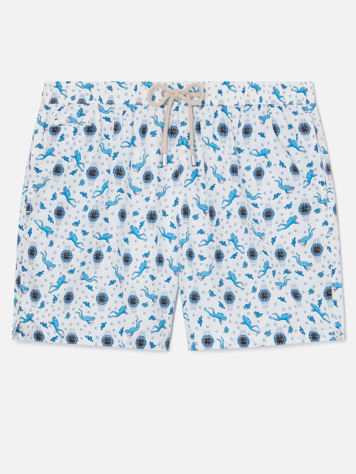 White Lighting Micro swim shorts with scuba watches and divers all-over print