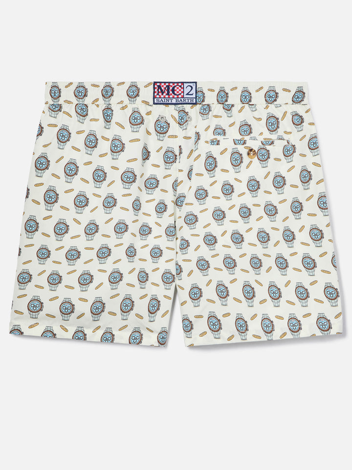 White Lighting Micro swim shorts with watches and baguettes print
