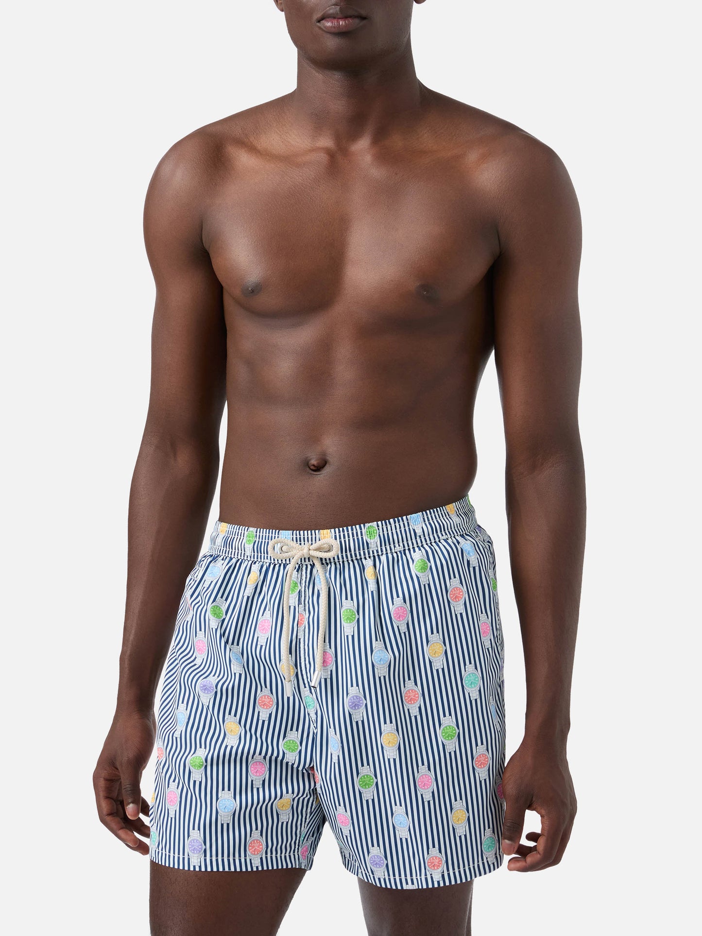 Short de bain micro Lighting à rayures navy avec imprimé all-over montres 