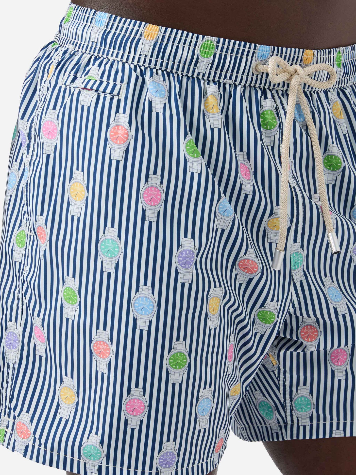 Short de bain micro Lighting à rayures navy avec imprimé all-over montres 