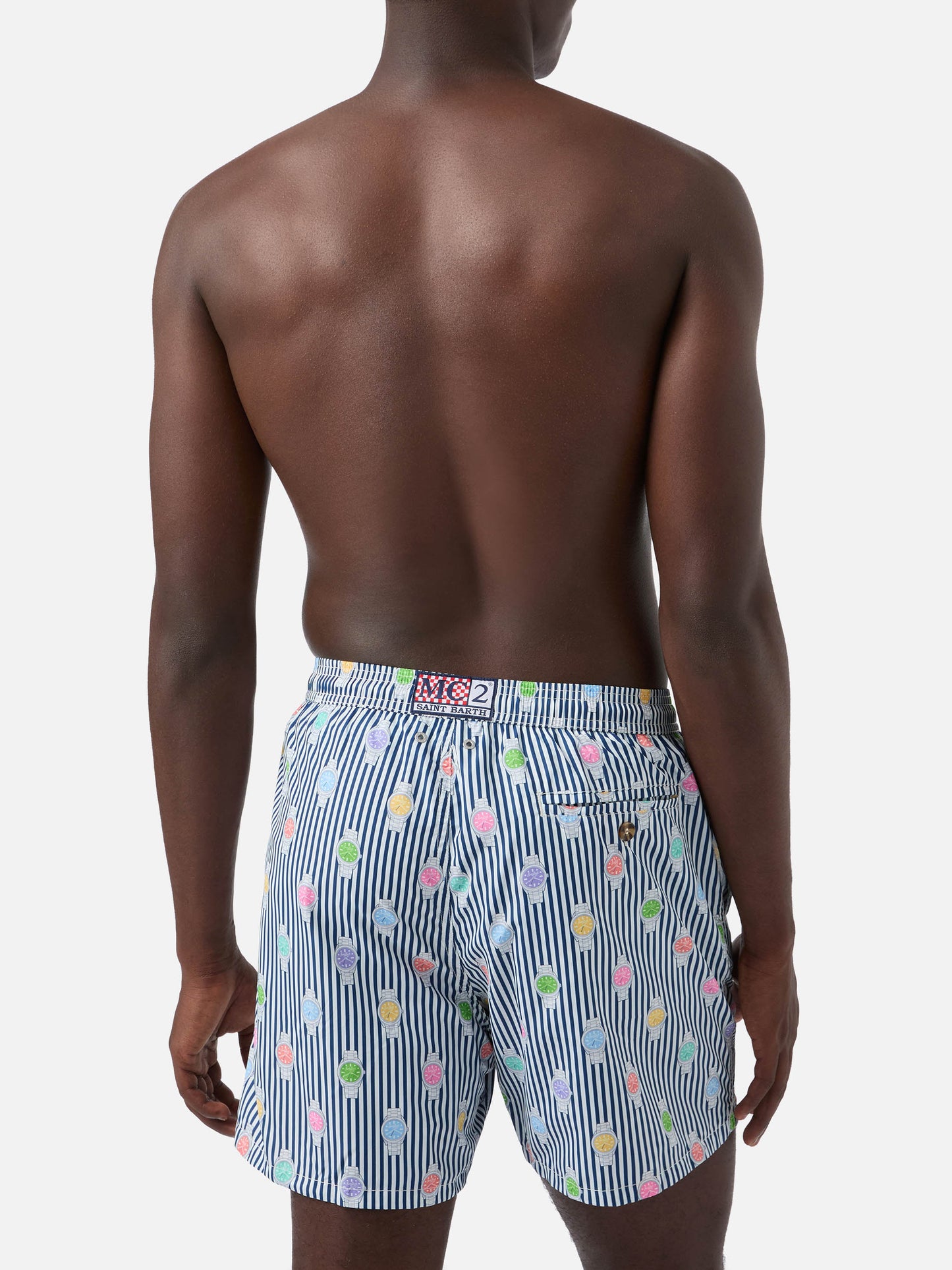 Short de bain micro Lighting à rayures navy avec imprimé all-over montres 