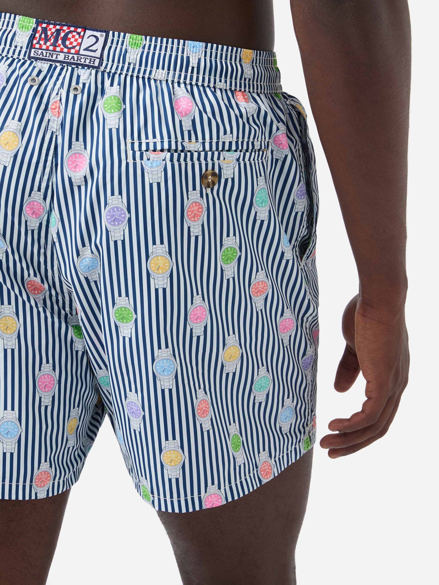 Short de bain micro Lighting à rayures navy avec imprimé all-over montres 