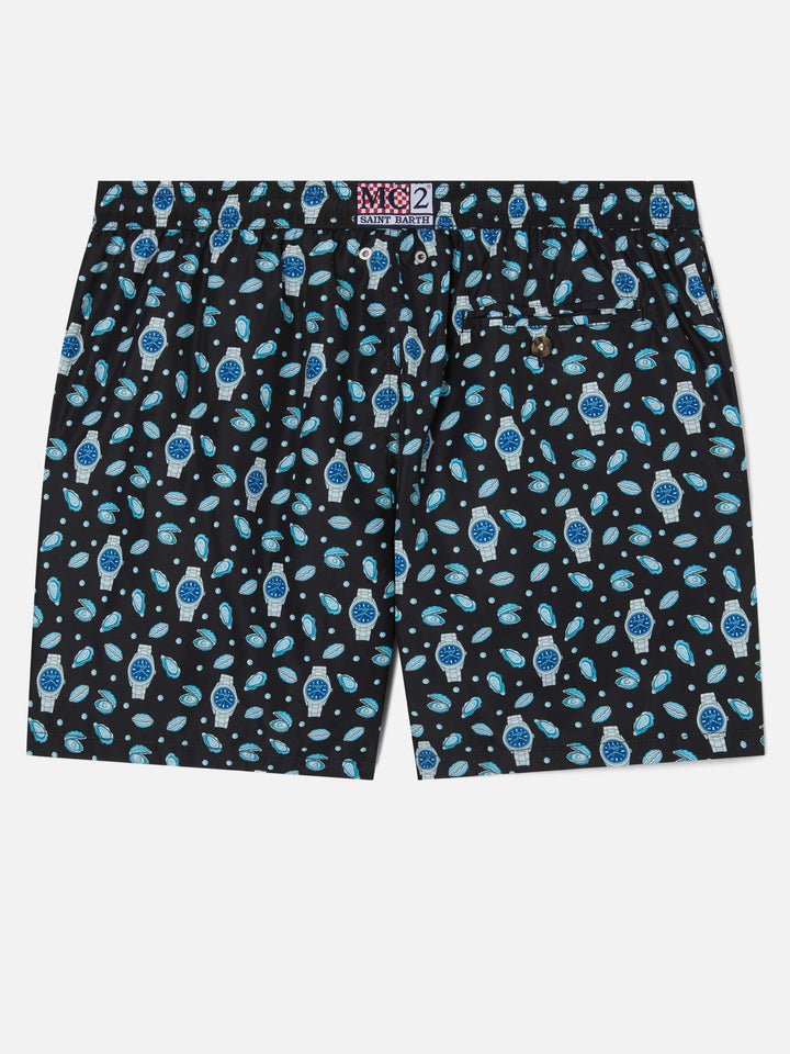 Black Lighting Micro swim shorts with oysters and watches all-over print