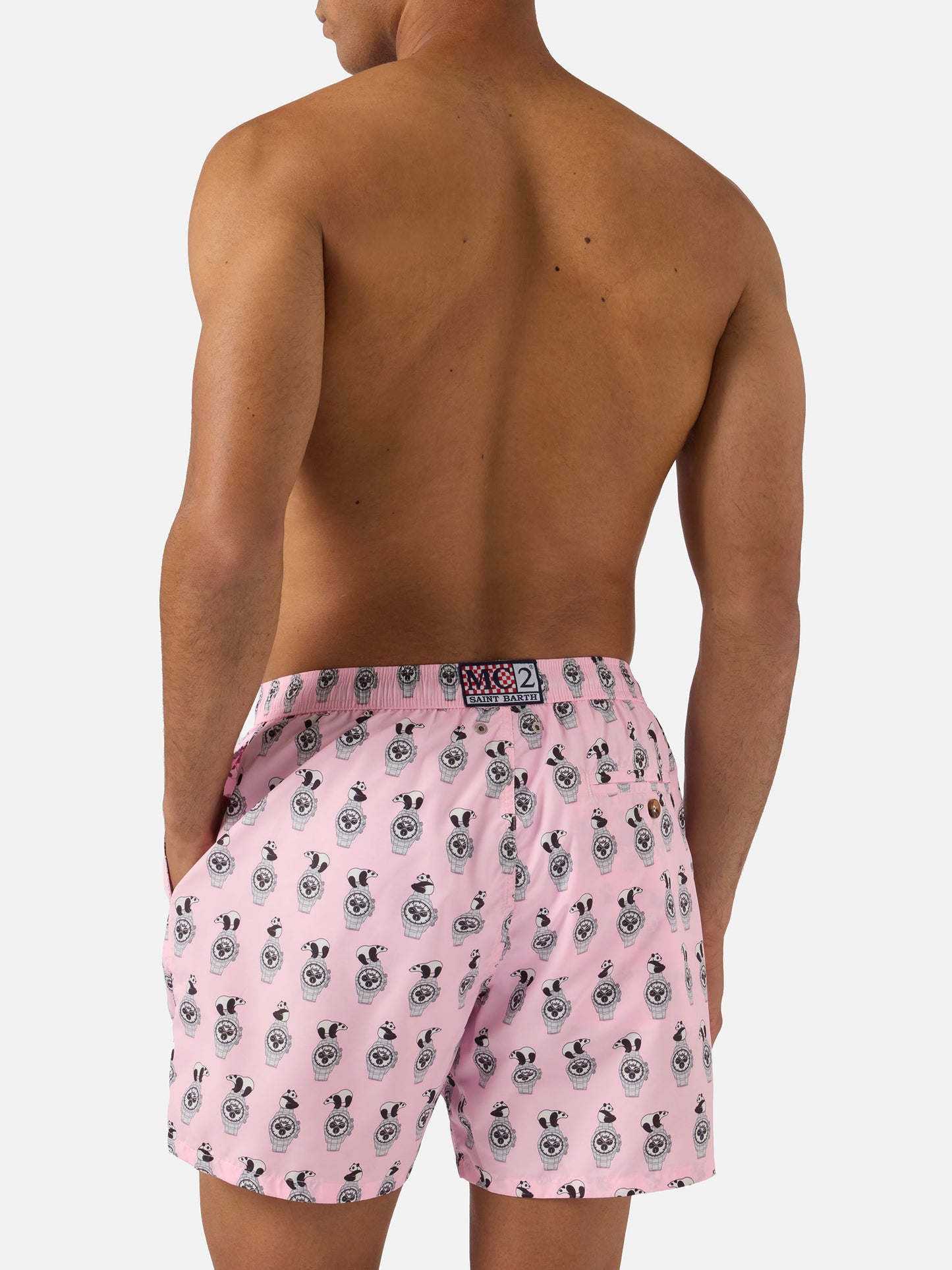 Pink Lighting Micro swim shorts with panda and watches all-over print
