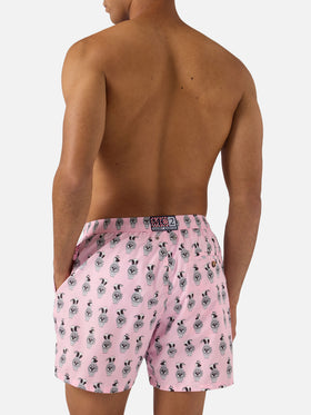 Pink Lighting Micro swim shorts with panda and watches all-over print