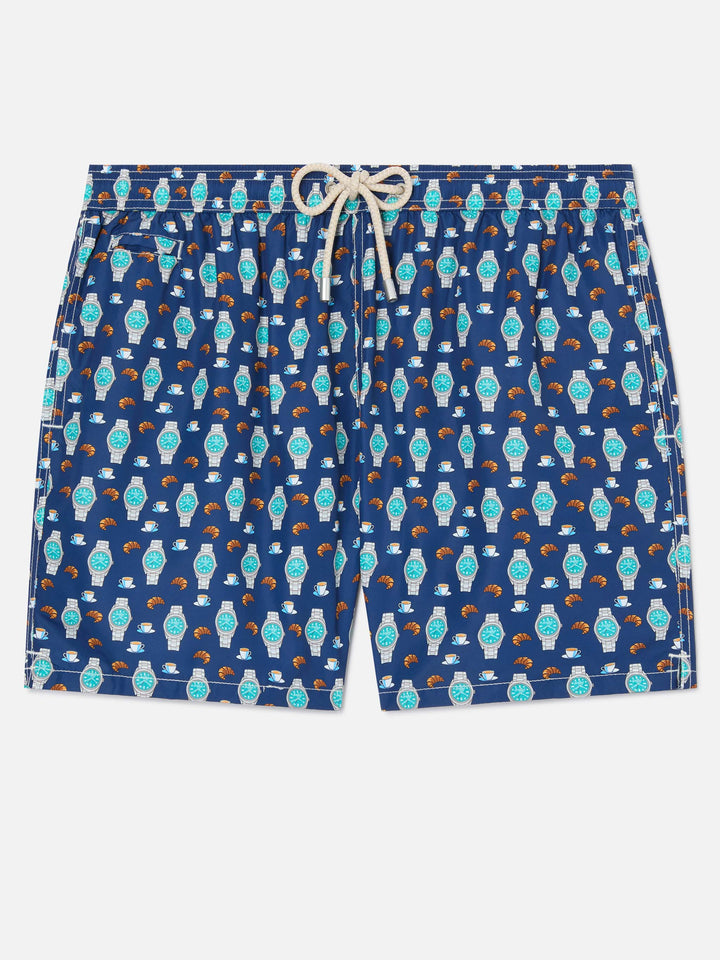 Navy Lighting Micro swim shorts with breakfast watch print