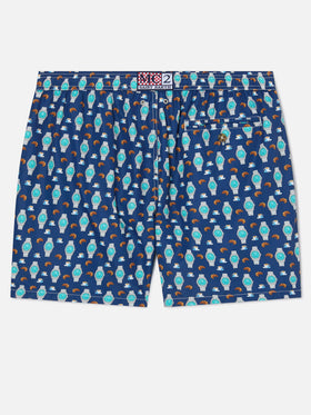 Navy Lighting Micro swim shorts with breakfast watch print