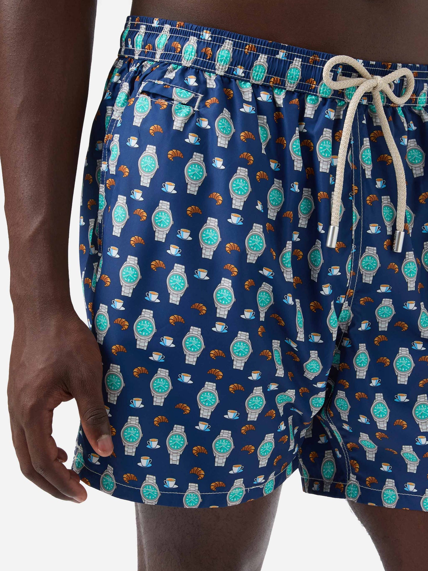 Navy Lighting Micro swim shorts with breakfast watch print