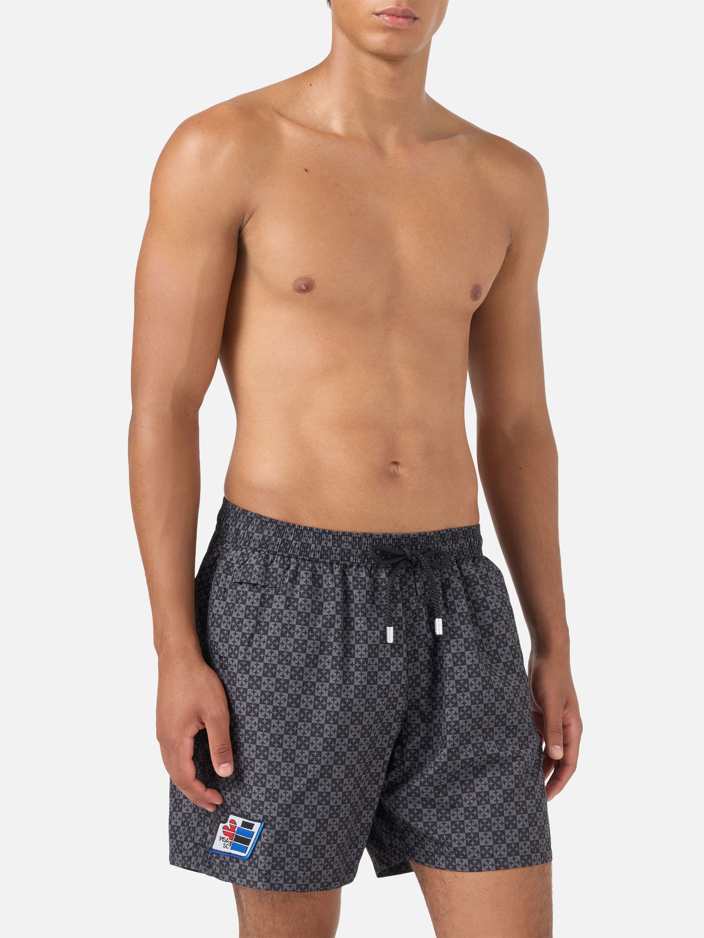 Schwarze Lighting Micro-Badeshorts mit Pisa SC Croce-Print | PS SC SPECIAL EDITION 