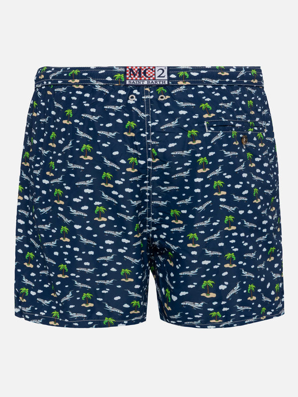 Lightweight fabric swim shorts Lighting with palms and planes print