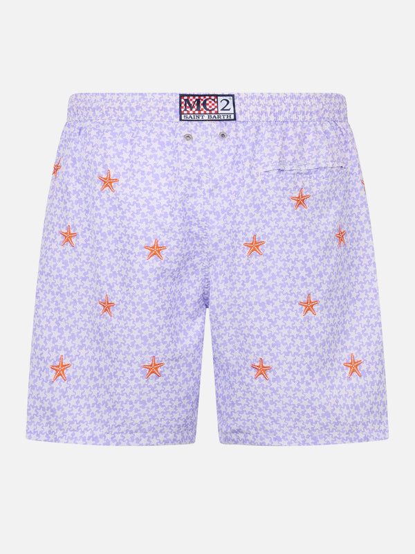 Man lightweight fabric swim-shorts Lighting with seastars embroidery