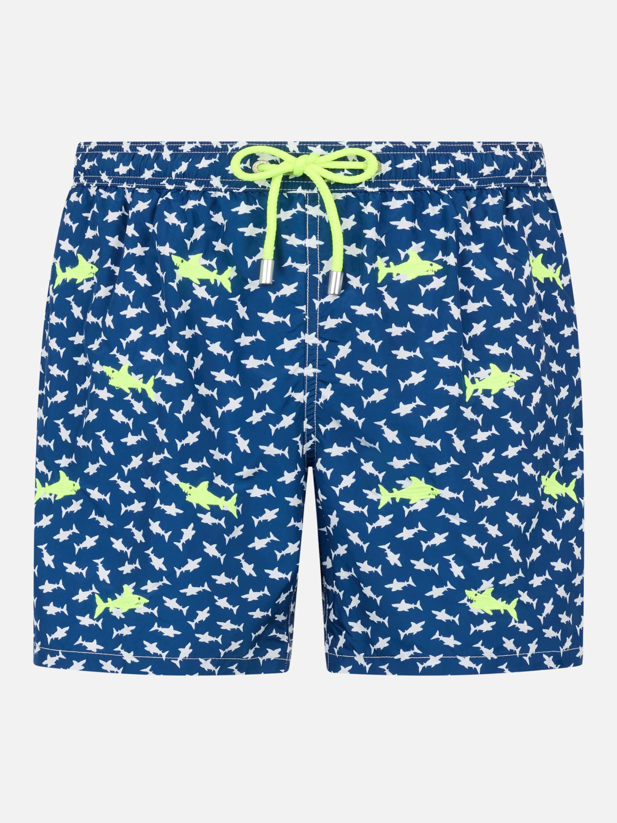 Men's Lighting Embroidery Swim Shorts | Fluo Yellow Sharks on Navy