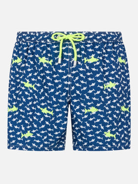 Man lightweight fabric swim-shorts Lighting with sharks embroidery