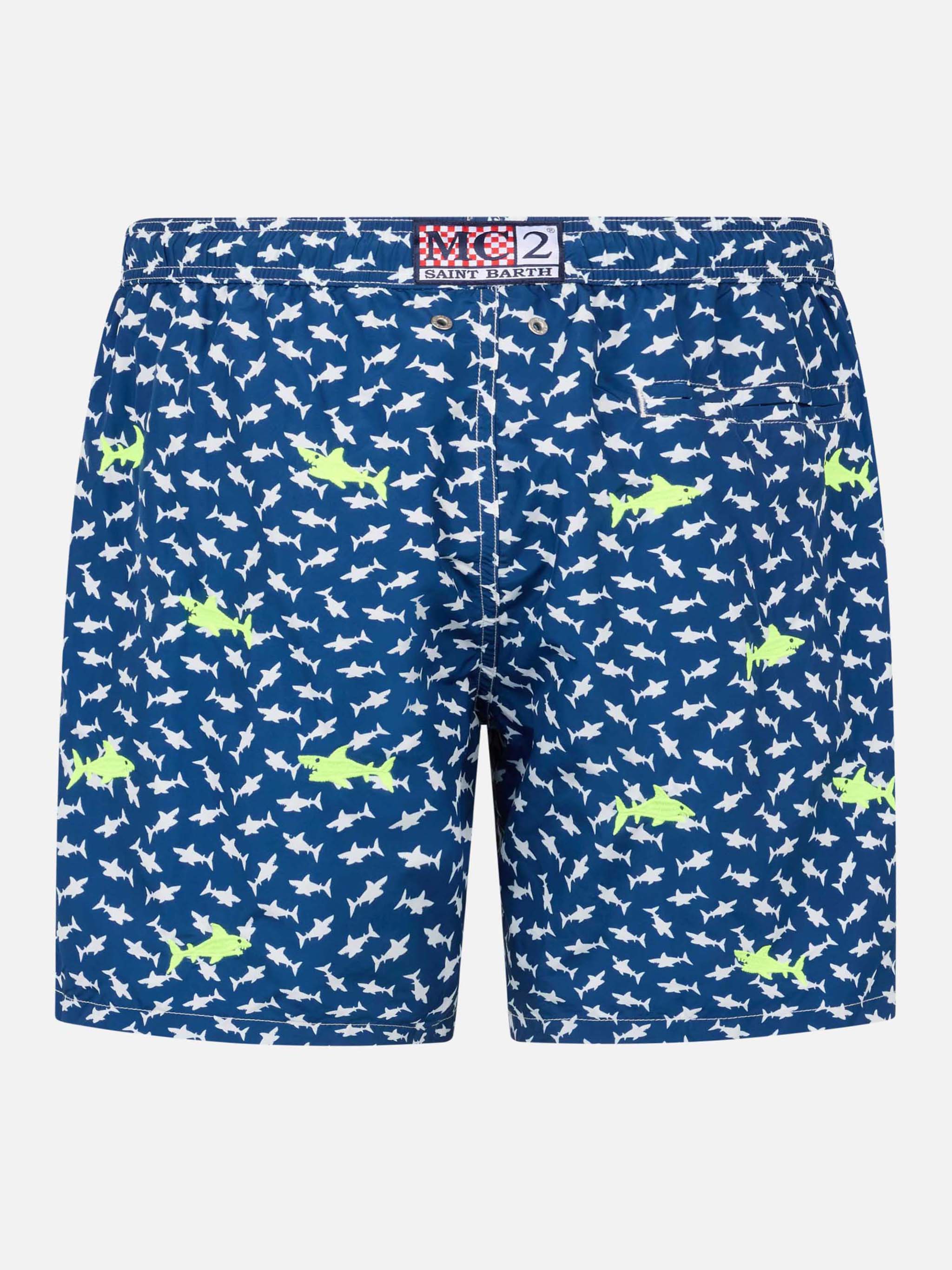 Men's Lighting Embroidery Swim Shorts | Fluo Yellow Sharks on Navy