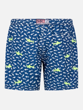 Man lightweight fabric swim-shorts Lighting with sharks embroidery