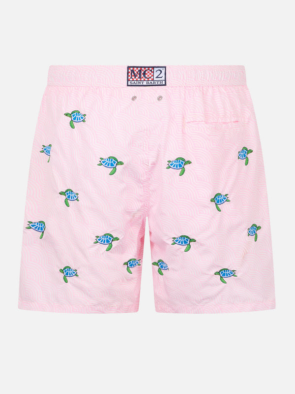 Man lightweight fabric swim-shorts Lighting with sea turtles embroidery