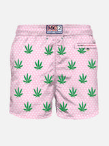 Man light fabric swim shorts with leaves embroidery