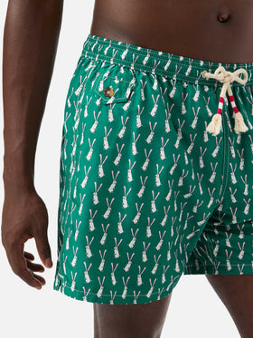Lighting swim shorts in technical fabric with rabbit pattern in green and multicolor