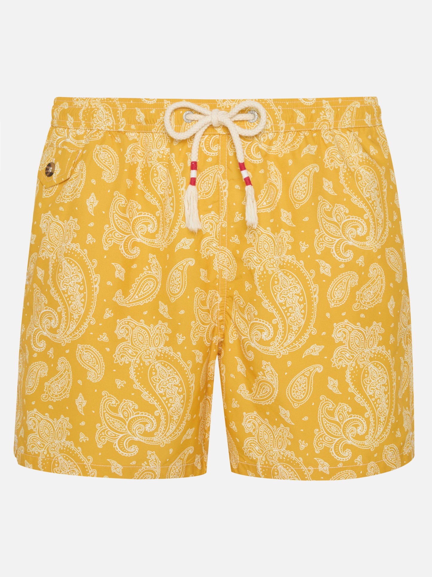 Costume da bagno da uomo in tessuto leggero con stampa paisley ocra