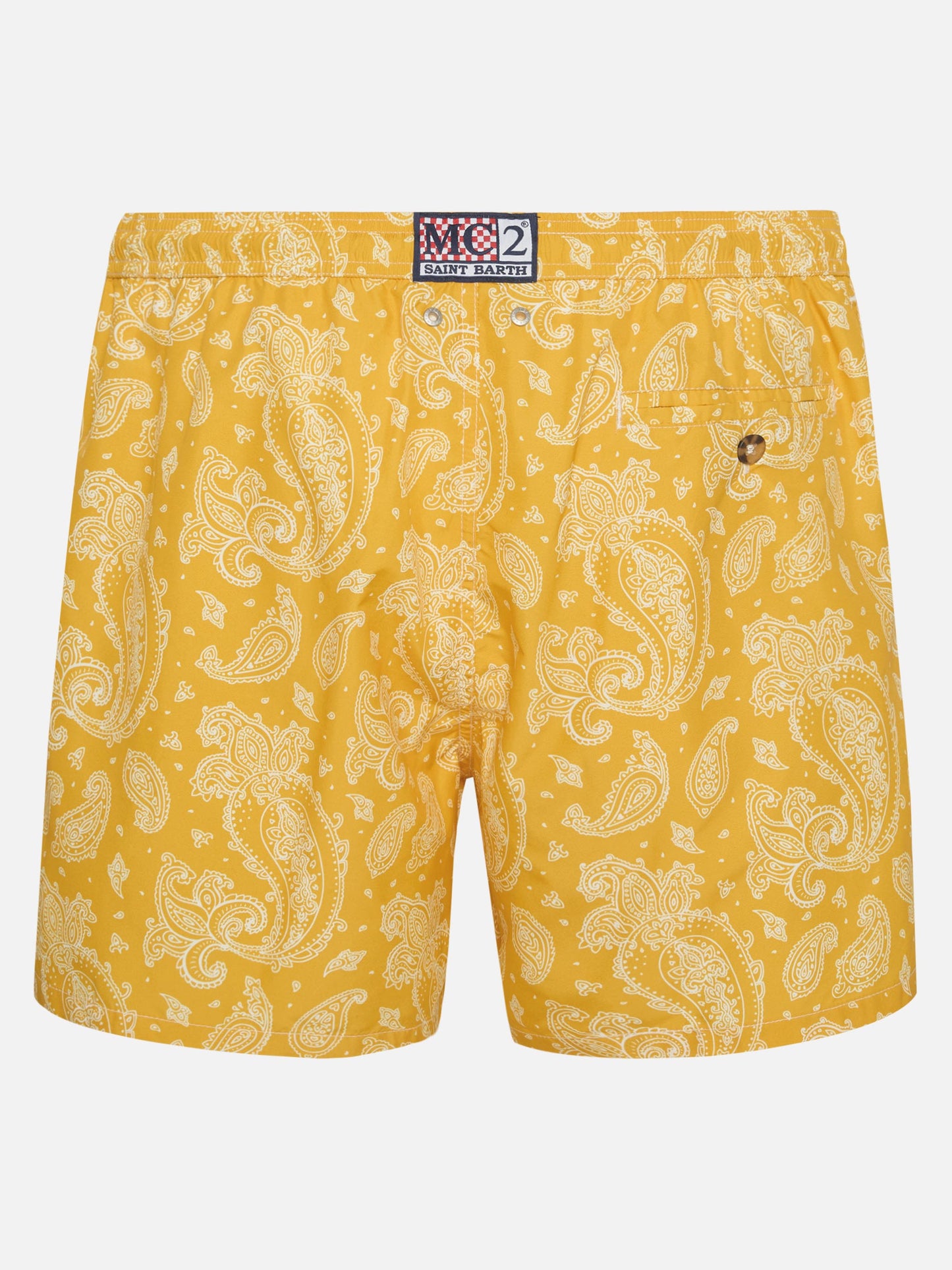 Costume da bagno da uomo in tessuto leggero con stampa paisley ocra