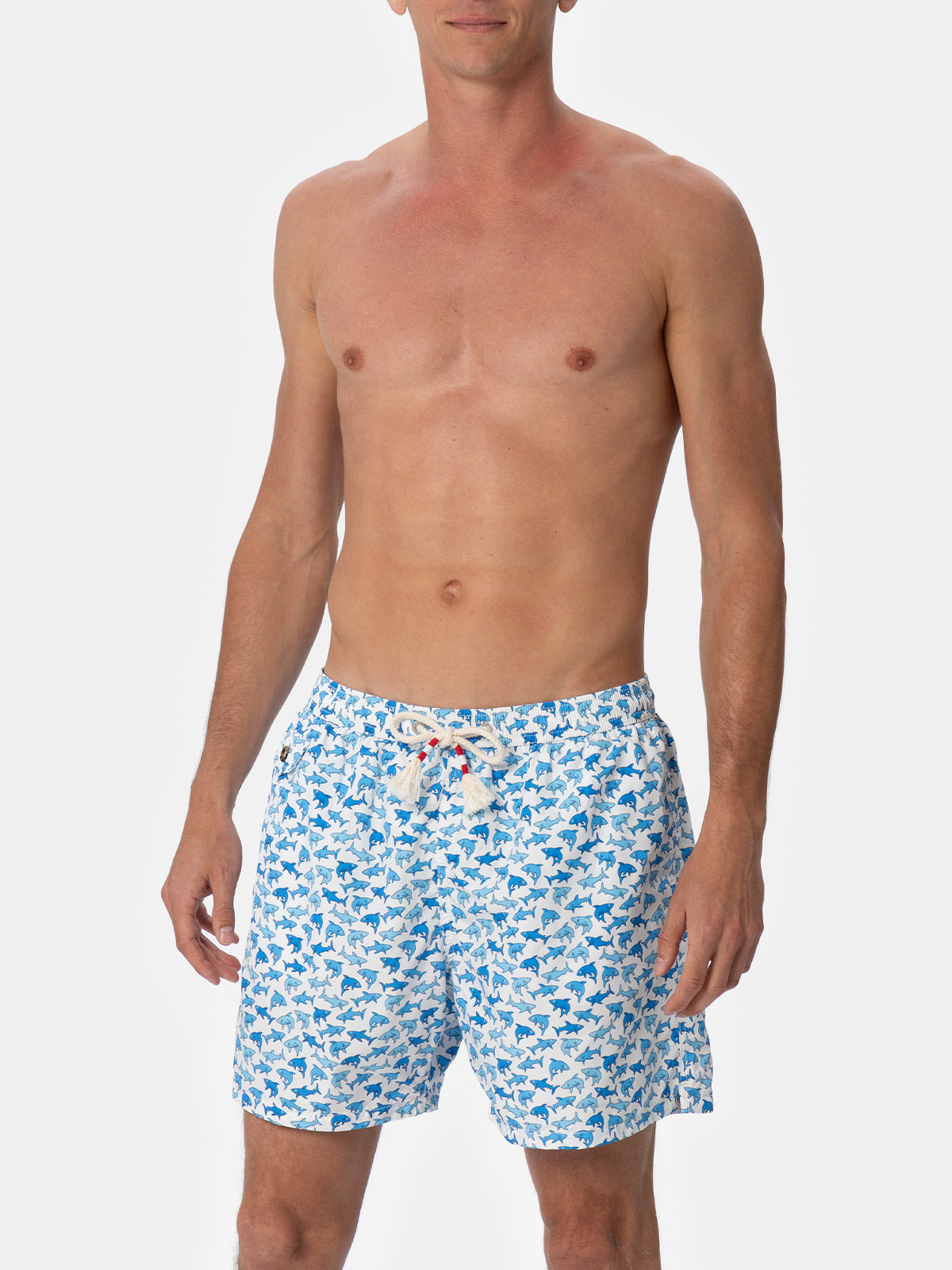 Herren-Badeshorts Lighting 70 aus leichtem Stoff mit Hai-Aufdruck