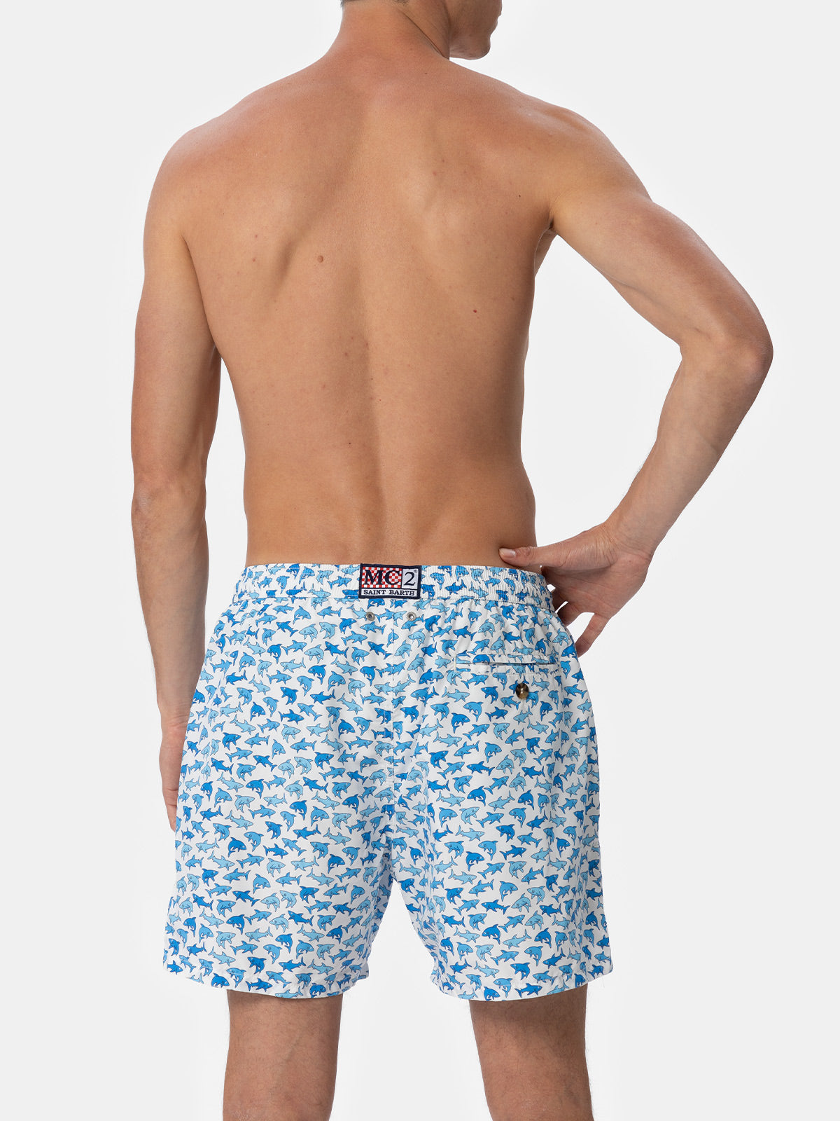 Herren-Badeshorts Lighting 70 aus leichtem Stoff mit Hai-Aufdruck