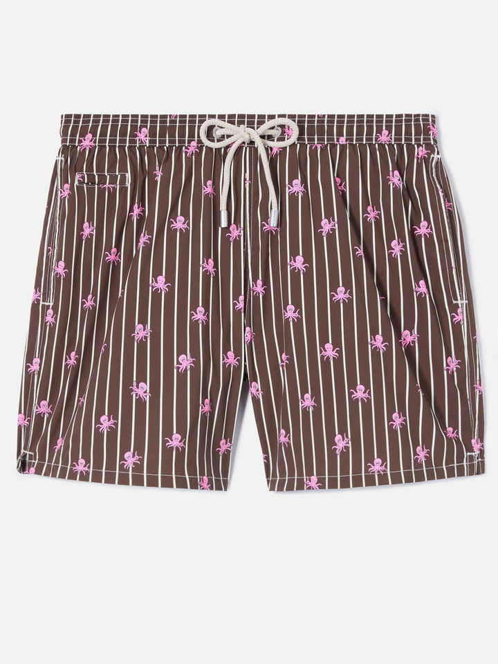 Brown striped Lighting Micro swim shorts with all-over octopus print