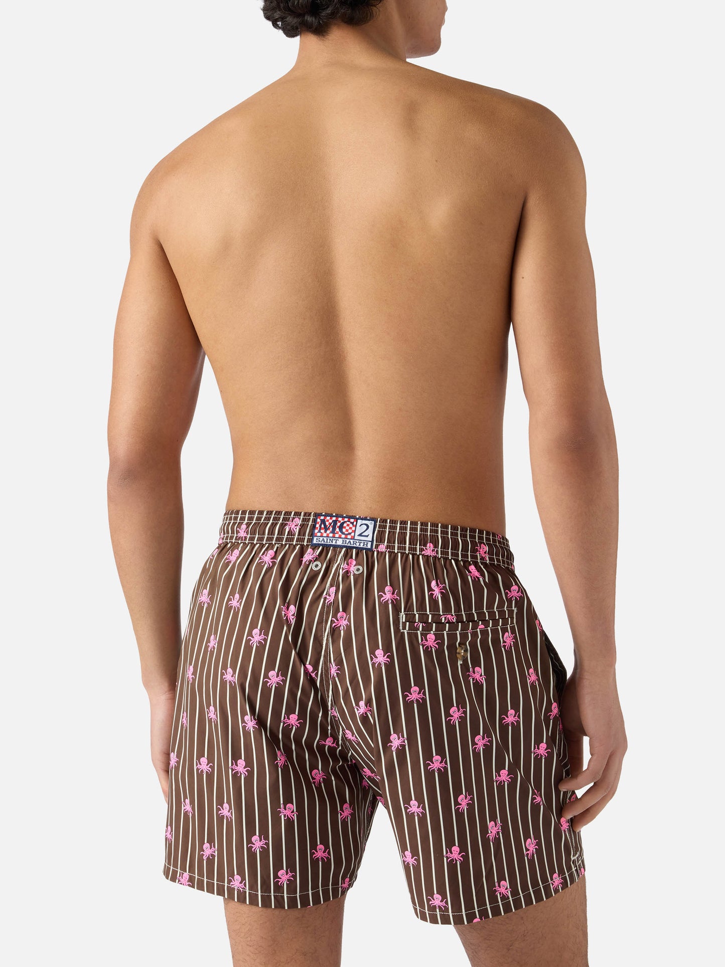 Brown striped Lighting Micro swim shorts with all-over octopus print