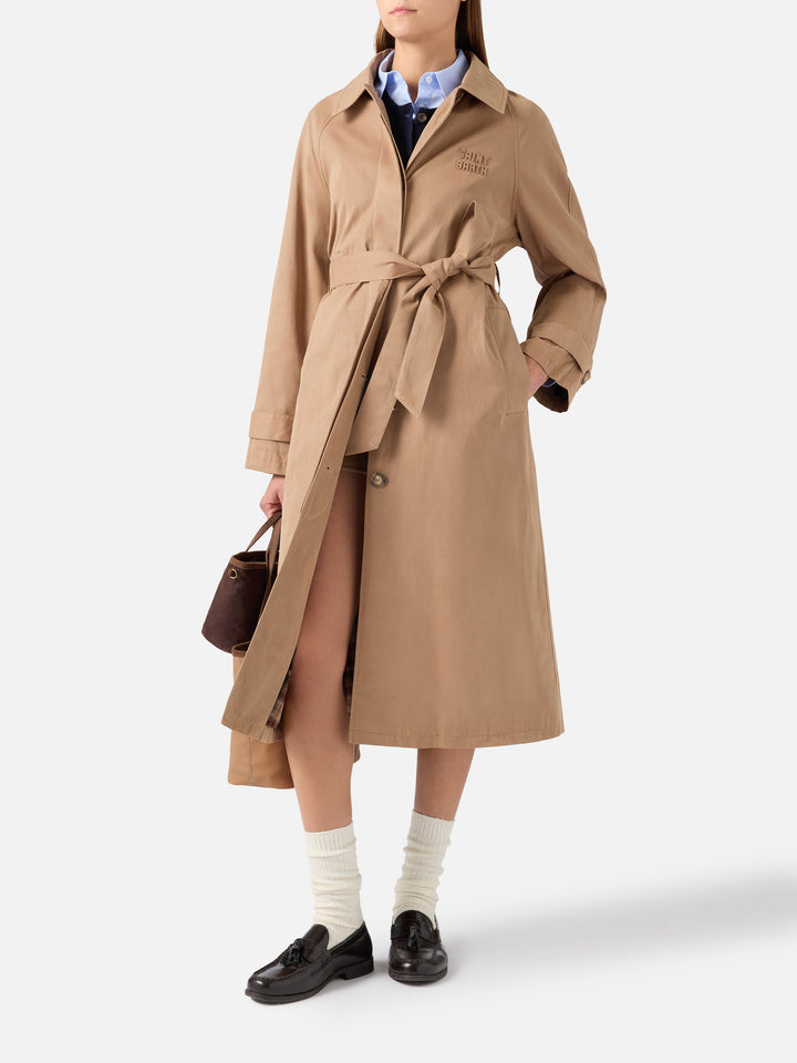 Manteau ciré Beige Lior en mélange de coton avec doublure tartan 
