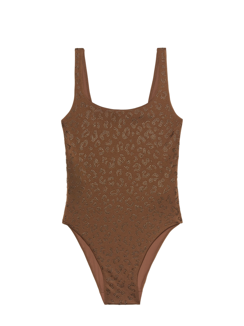 Lora scoopback one-piece swimsuit with rhinestone embellishment
