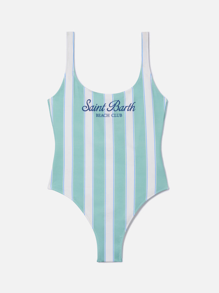 Costume intero Lora a righe verde salvia e panna con stampa Beach Club