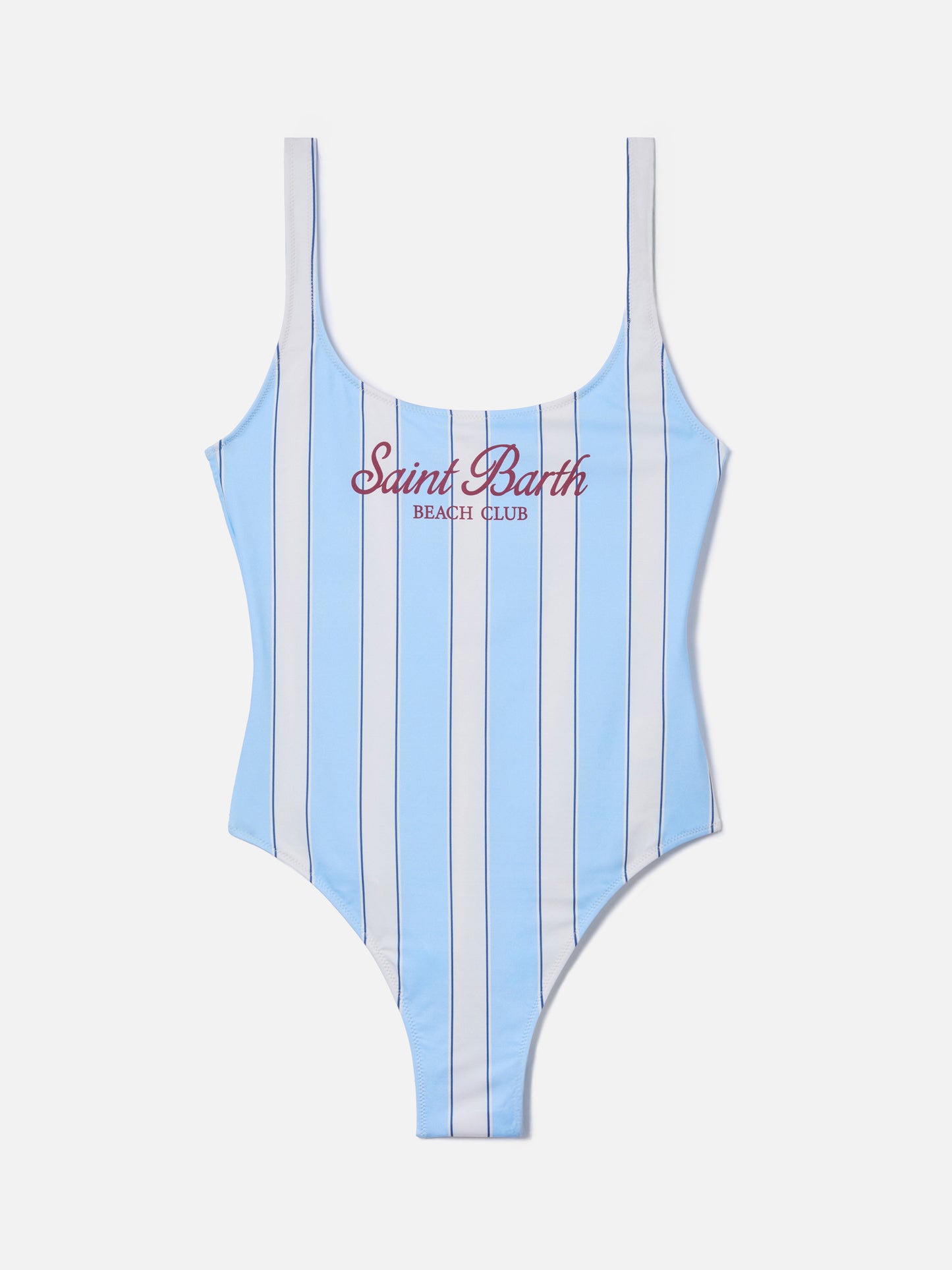 Lora one-piece swimsuit in light blue and cream striped design with Beach Club print
