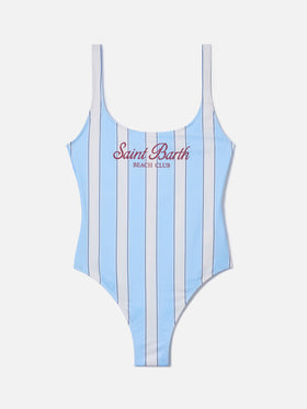 Lora one-piece swimsuit in light blue and cream striped design with Beach Club print