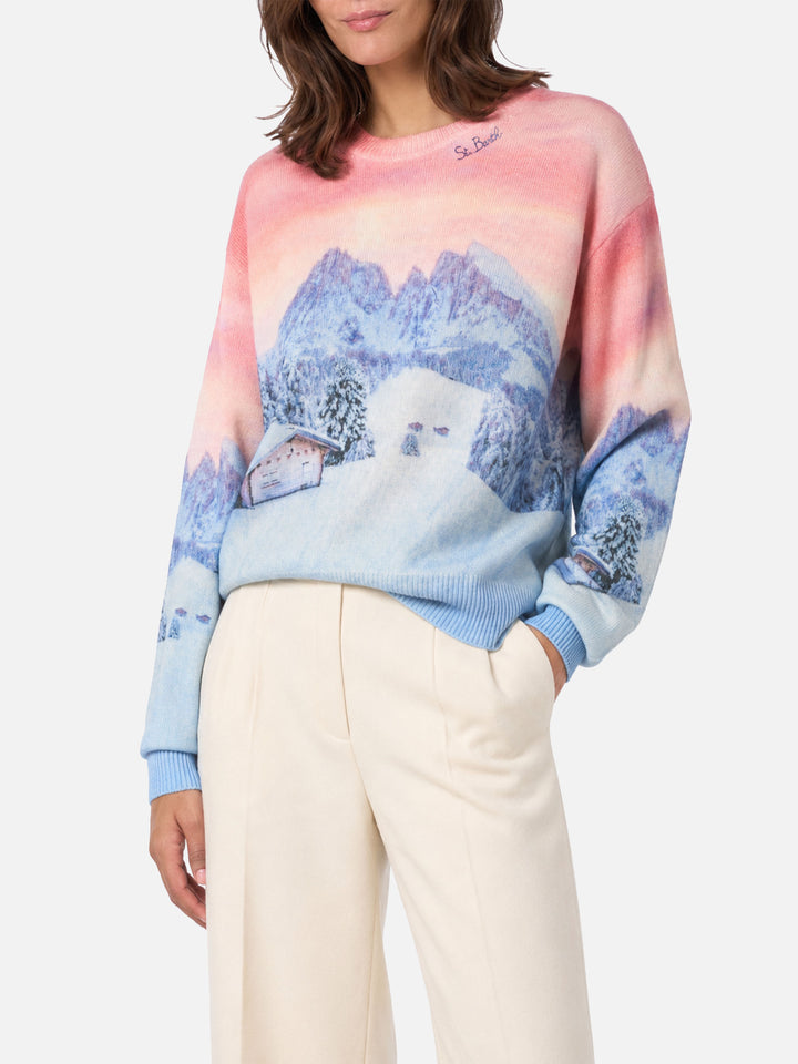 Louise Pullover aus Kaschmir-Mix mit Chalet-Sonnenuntergangsprint 