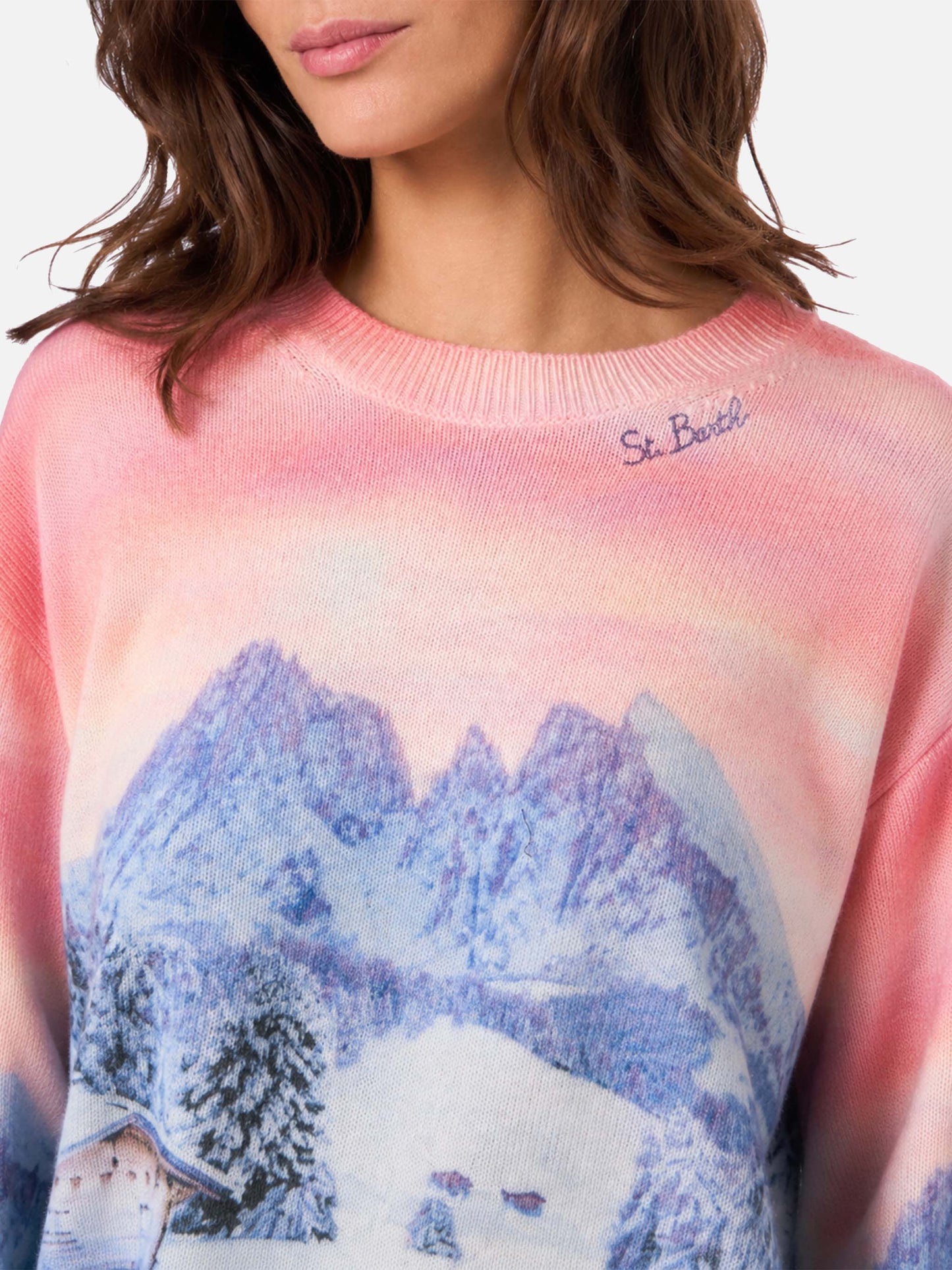 Pull Louise en mélange de cachemire avec imprimé coucher de soleil chalet 
