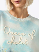 Woman blend cashmere sweater Louise with chalet print and Queen of Chalet embroidery