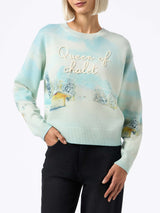 Woman blend cashmere sweater Louise with chalet print and Queen of Chalet embroidery