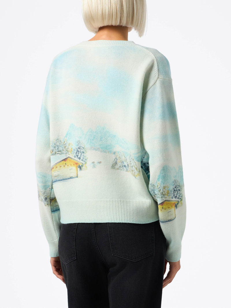 Woman blend cashmere sweater Louise with chalet print and Queen of Chalet embroidery