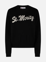 Woman black sweater Louise with St. Moritz rhinestones embellishment | ST. MORITZ TOP OF THE WORLD SPECIAL EDITION