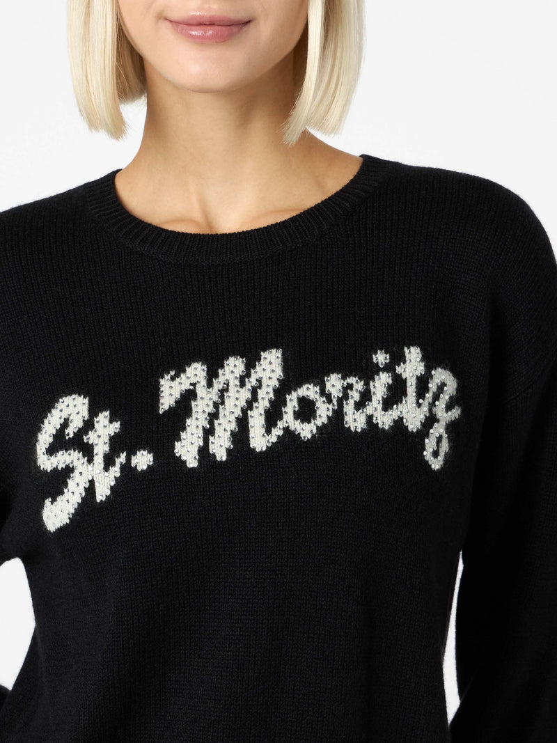 Woman black sweater Louise with St. Moritz rhinestones embellishment | ST. MORITZ TOP OF THE WORLD SPECIAL EDITION