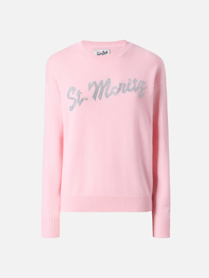 Louise cashmere sweater in pink with St. Moritz rhinestone appliqué