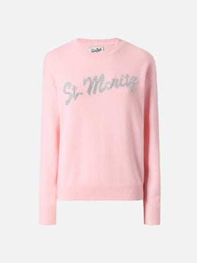 Louise cashmere sweater in pink with St. Moritz rhinestone appliqué