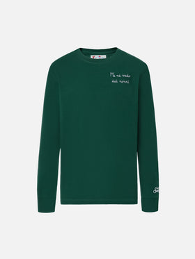 Luton long-sleeve cotton T-shirt in green with Me ne vado dai nonni embroidery