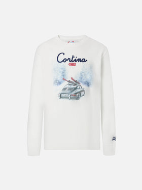 Luton long-sleeve winter cotton T-shirt in white with Cortina 1983 embroidery and Cortina print