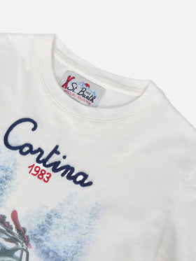 Luton long-sleeve winter cotton T-shirt in white with Cortina 1983 embroidery and Cortina print