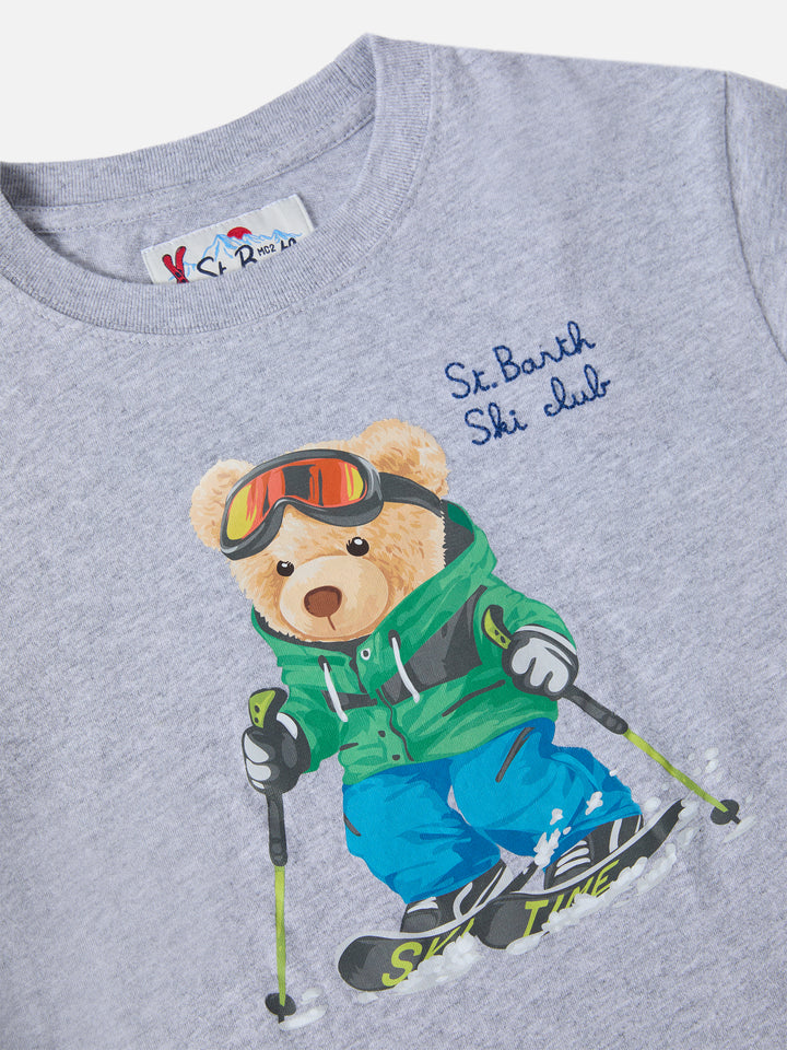 Graues Luton-Langarm-Winter-Baumwoll-T-Shirt mit St. Barth Ski Club-Stickerei und Bärenprint