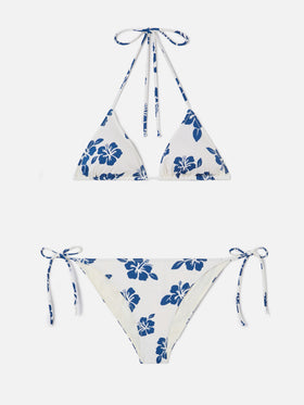 Bikini triangle Levyne en tissu stretch avec imprimé hibiscus bleu 