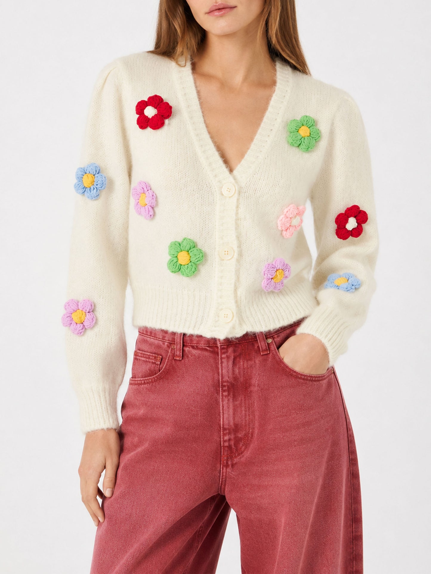 Cardigan Lyza Soft cropped con applicazioni margherite