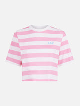 Woman pink and white striped crop t-shirt